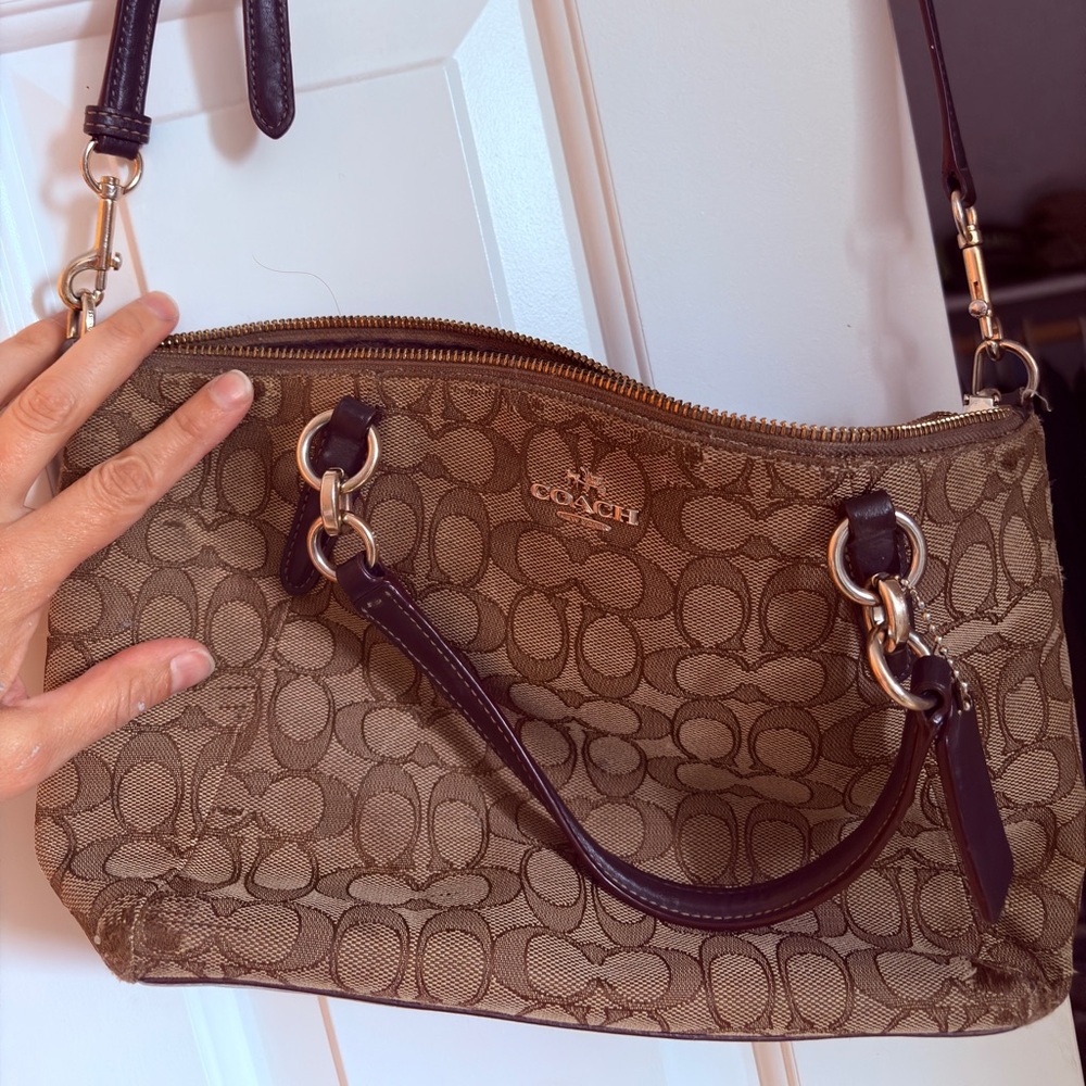 Coach Brown Monogram Shoulder Bag with Leather Trim